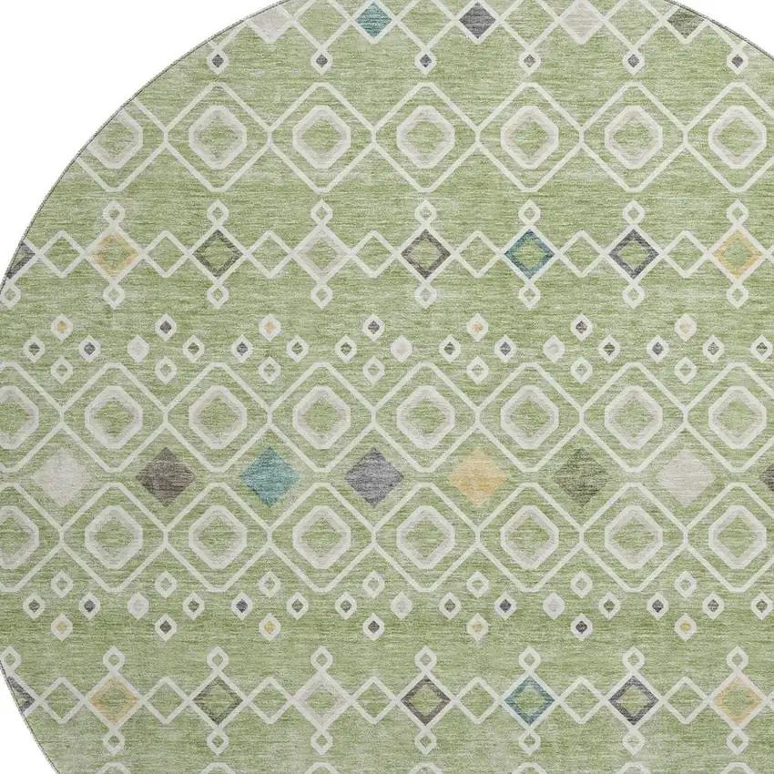 8' Artichoke Green Ivory And Teal Southwestern Washable Round Rug With UV Protection Photo 2