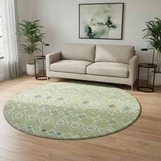 8' Artichoke Green Ivory And Teal Southwestern Washable Round Rug With UV Protection Photo 2