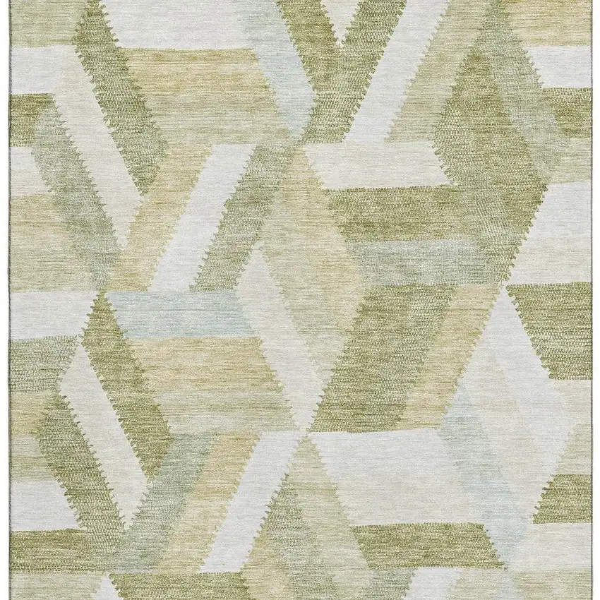 8' Artichoke Green Ivory And Wheat Geometric Washable Area Rug With UV Protection Photo 2