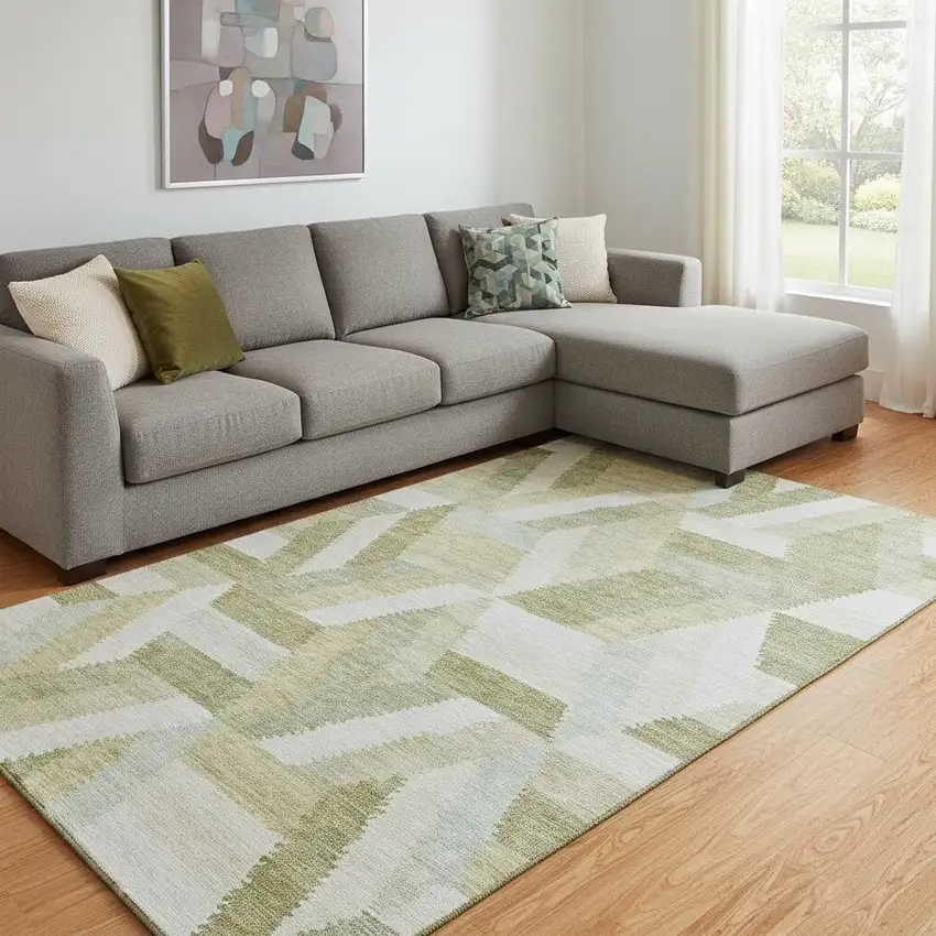 8' Artichoke Green Ivory And Wheat Geometric Washable Area Rug With UV Protection Photo 2