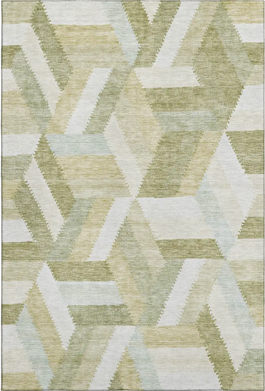 8' Artichoke Green Ivory And Wheat Geometric Washable Area Rug With UV Protection Photo 1