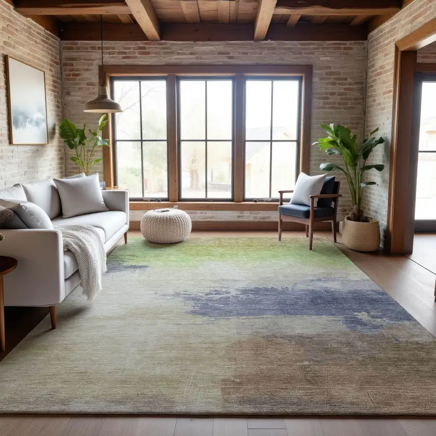 8' Artichoke Green Lavender And Ivory Abstract Washable Area Rug With UV Protection Photo 4