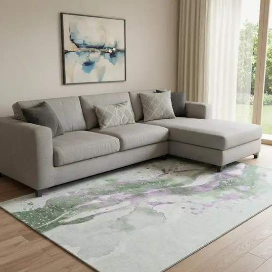 8' Artichoke Green Lavender And Ivory Abstract Washable Area Rug With UV Protection Photo 2