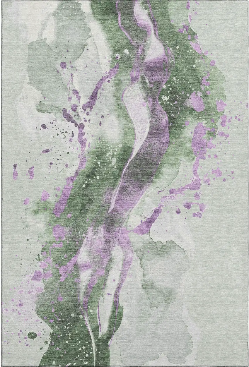 8' Artichoke Green Lavender And Ivory Abstract Washable Area Rug With UV Protection Photo 1