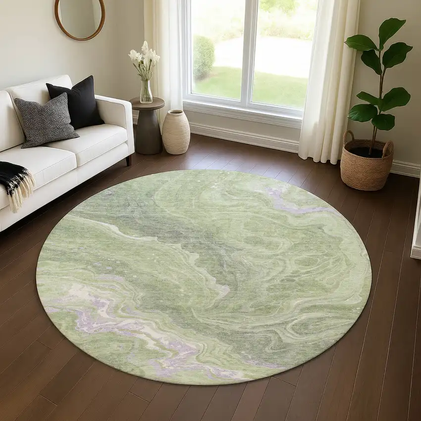 8' Artichoke Green Lavender And Ivory Abstract Washable Round Rug With UV Protection Photo 3
