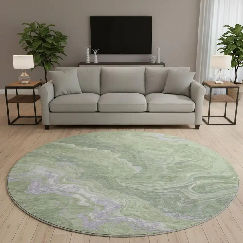 8' Artichoke Green Lavender And Ivory Abstract Washable Round Rug With UV Protection Photo 2
