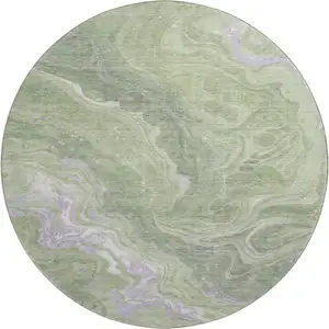 Photo of 8' Artichoke Green Lavender And Ivory Abstract Washable Round Rug With UV Protection