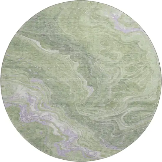 8' Artichoke Green Lavender And Ivory Abstract Washable Round Rug With UV Protection Photo 1