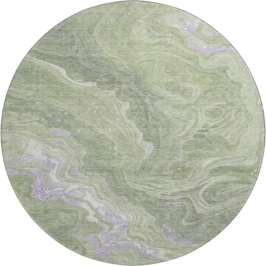 8' Artichoke Green Lavender And Ivory Abstract Washable Round Rug With UV Protection Photo 1