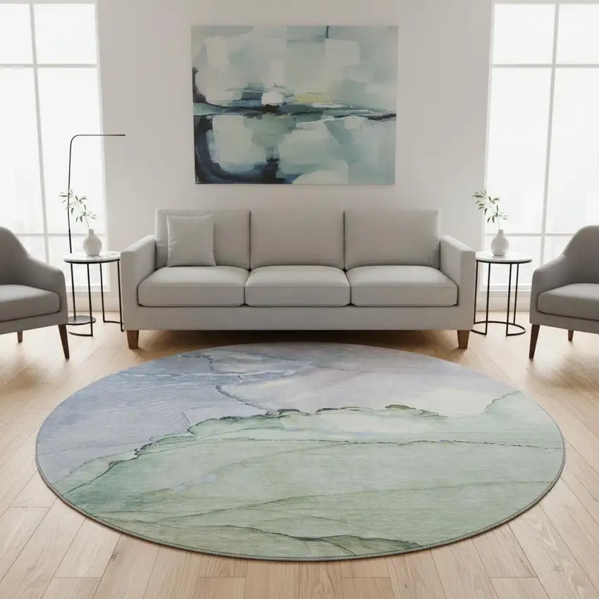 8' Artichoke Green Lavender And Ivory Abstract Washable Round Rug With UV Protection Photo 2