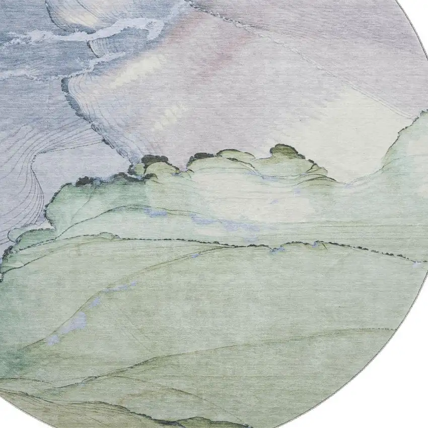 8' Artichoke Green Lavender And Ivory Abstract Washable Round Rug With UV Protection Photo 2