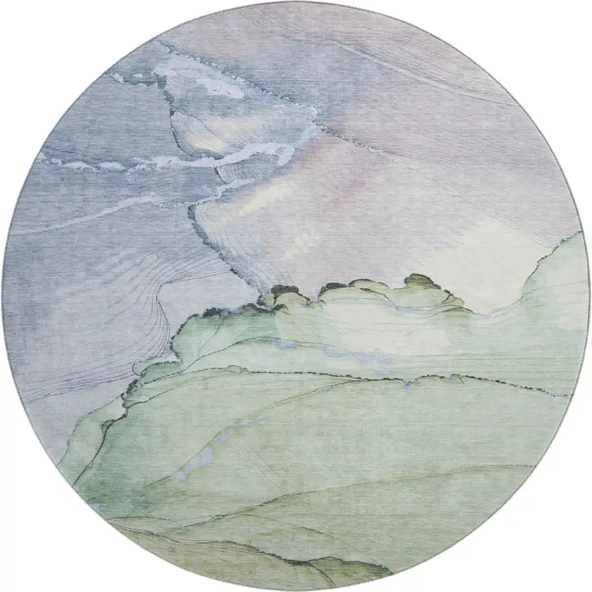 8' Artichoke Green Lavender And Ivory Abstract Washable Round Rug With UV Protection Photo 1