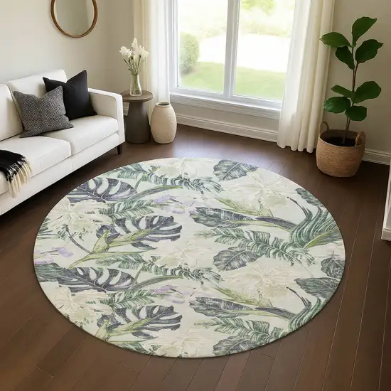 8' Artichoke Green Lavender And Ivory Floral Washable Round Rug With UV Protection Photo 4