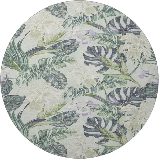 8' Artichoke Green Lavender And Ivory Floral Washable Round Rug With UV Protection Photo 3