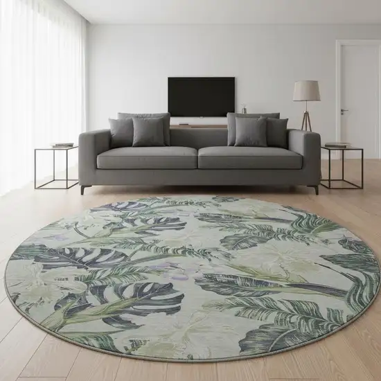 8' Artichoke Green Lavender And Ivory Floral Washable Round Rug With UV Protection Photo 2