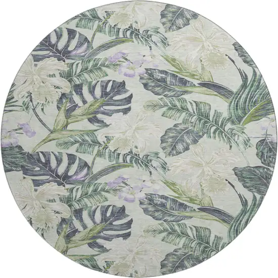 8' Artichoke Green Lavender And Ivory Floral Washable Round Rug With UV Protection Photo 1