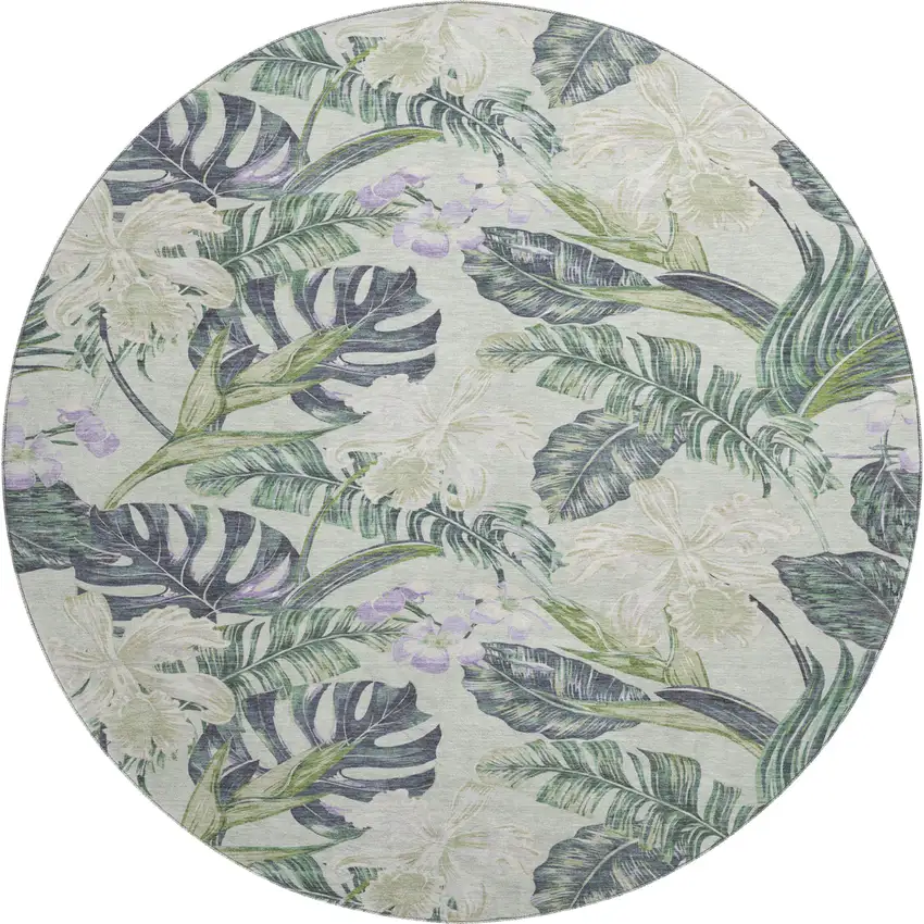 8' Artichoke Green Lavender And Ivory Floral Washable Round Rug With UV Protection Photo 1