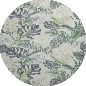 Photo of 8' Artichoke Green Lavender And Ivory Floral Washable Round Rug With UV Protection