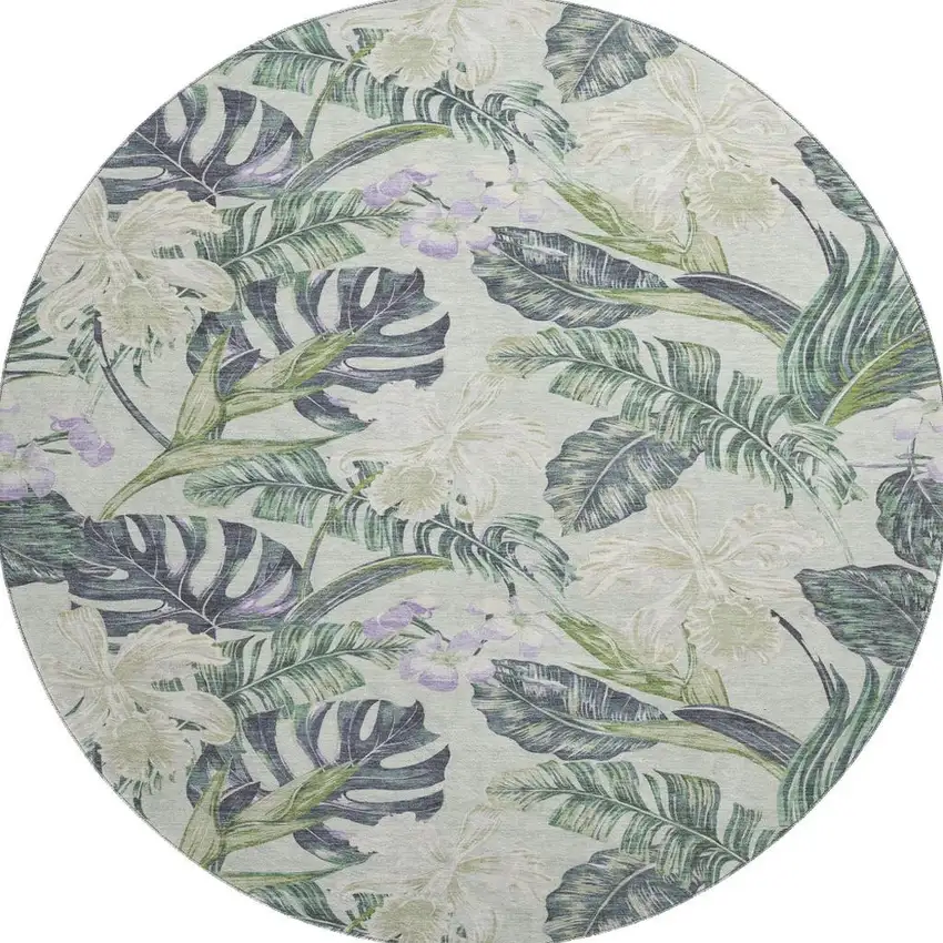 8' Artichoke Green Lavender And Ivory Floral Washable Round Rug With UV Protection Photo 2