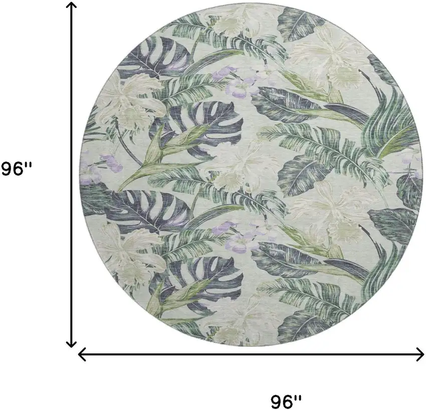 8' Artichoke Green Lavender And Ivory Floral Washable Round Rug With UV Protection Photo 9