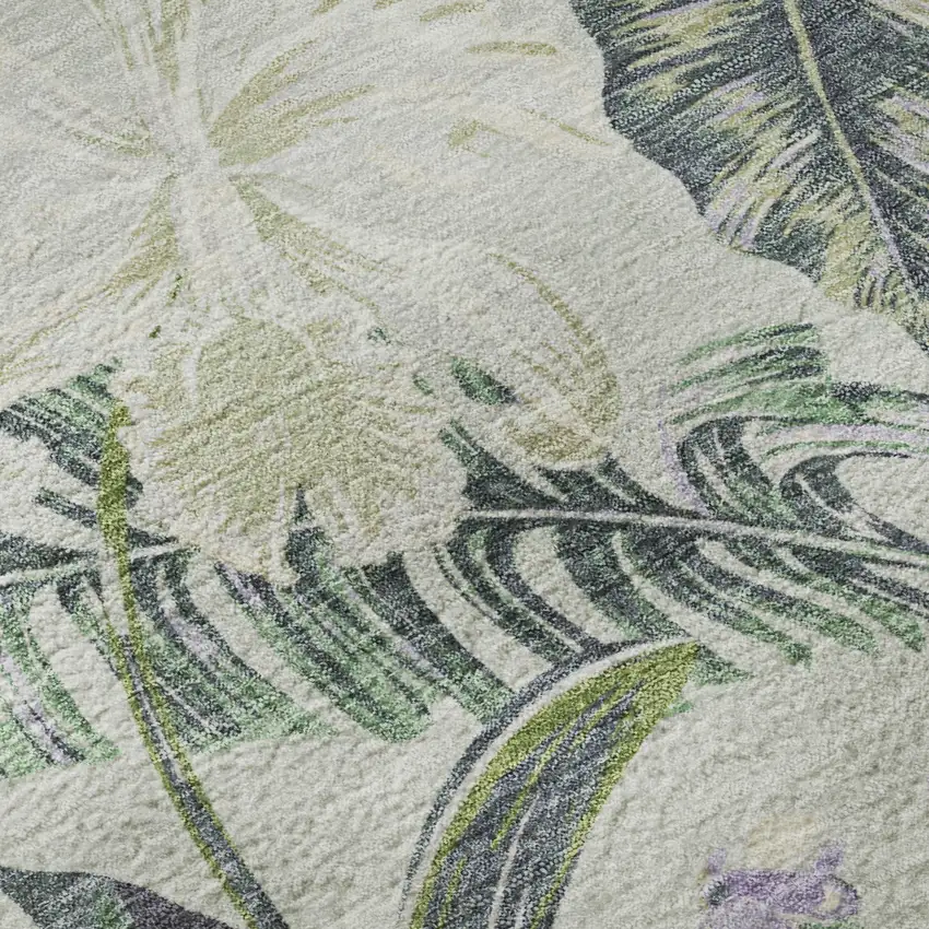 8' Artichoke Green Lavender And Ivory Floral Washable Round Rug With UV Protection Photo 8