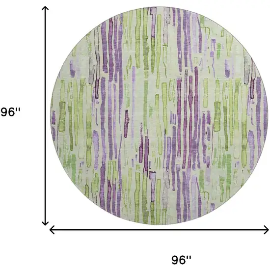 8' Artichoke Green Lavender And Ivory Striped Washable Round Rug With UV Protection Photo 8