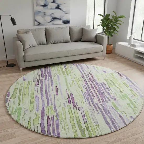 8' Artichoke Green Lavender And Ivory Striped Washable Round Rug With UV Protection Photo 2