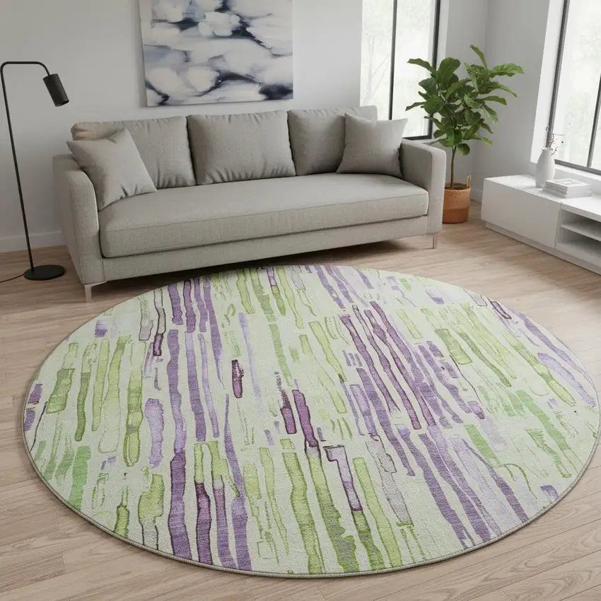 8' Artichoke Green Lavender And Ivory Striped Washable Round Rug With UV Protection Photo 2