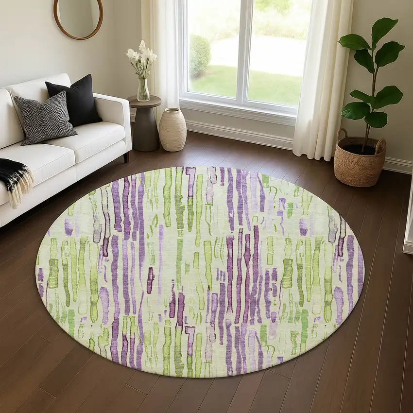 8' Artichoke Green Lavender And Ivory Striped Washable Round Rug With UV Protection Photo 3