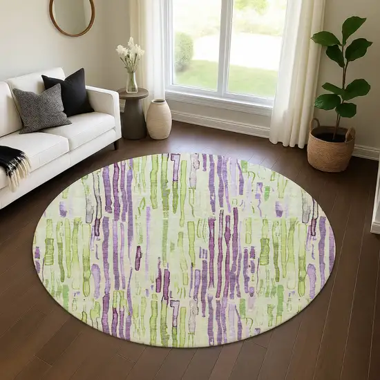 8' Artichoke Green Lavender And Ivory Striped Washable Round Rug With UV Protection Photo 3