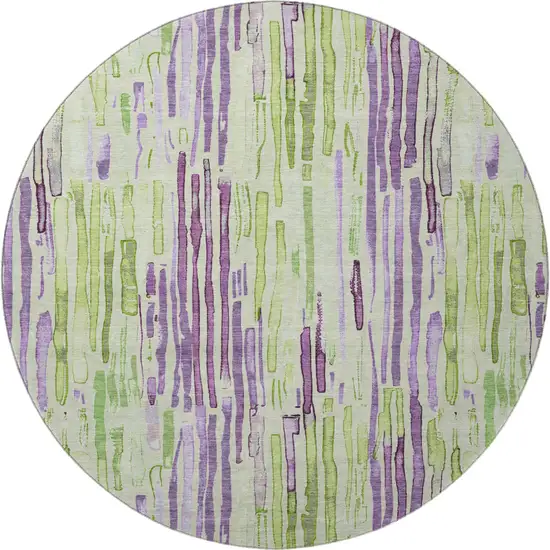 8' Artichoke Green Lavender And Ivory Striped Washable Round Rug With UV Protection Photo 2