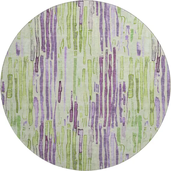 8' Artichoke Green Lavender And Ivory Striped Washable Round Rug With UV Protection Photo 1