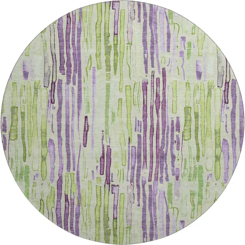 8' Artichoke Green Lavender And Ivory Striped Washable Round Rug With UV Protection Photo 1