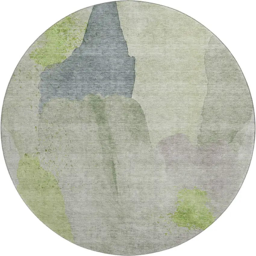 8' Artichoke Green Lavender And Taupe Abstract Washable Round Rug With UV Protection Photo 1