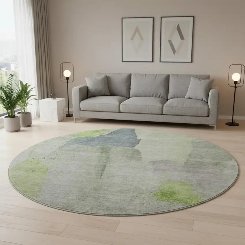 8' Artichoke Green Lavender And Taupe Abstract Washable Round Rug With UV Protection Photo 2
