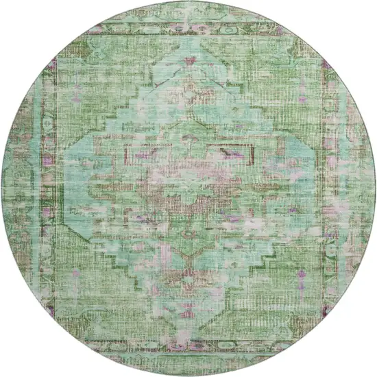 8' Artichoke Green Lavender And Teal Oriental Washable Round Rug With UV Protection Photo 1