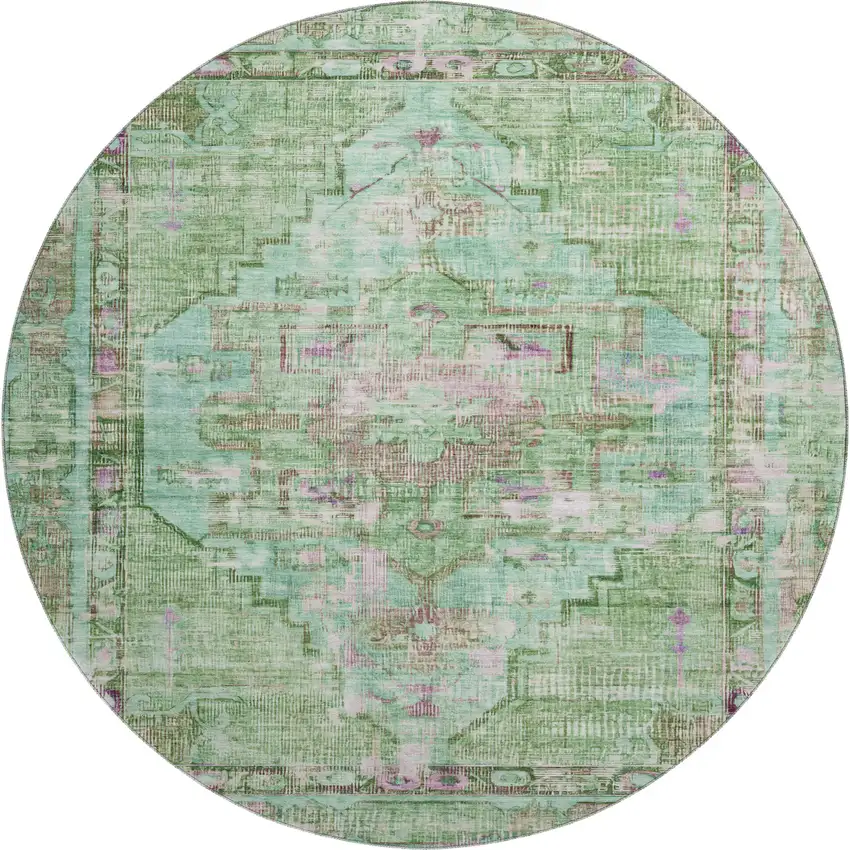 8' Artichoke Green Lavender And Teal Oriental Washable Round Rug With UV Protection Photo 1