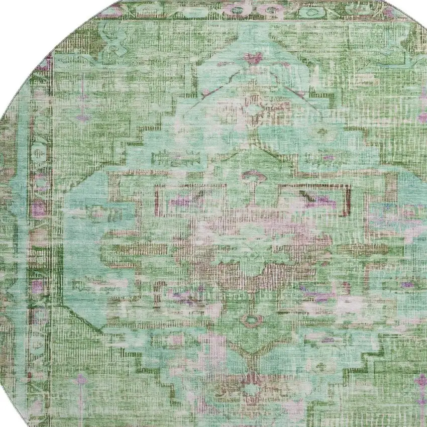 8' Artichoke Green Lavender And Teal Oriental Washable Round Rug With UV Protection Photo 2