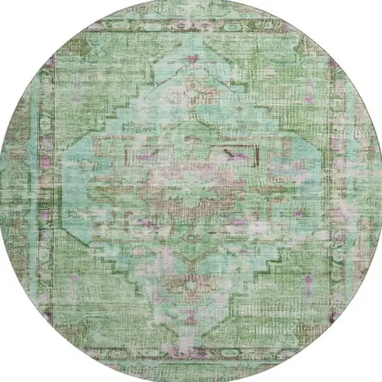8' Artichoke Green Lavender And Teal Oriental Washable Round Rug With UV Protection Photo 3