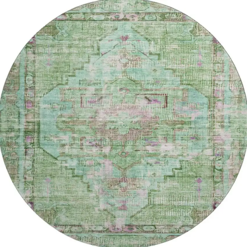8' Artichoke Green Lavender And Teal Oriental Washable Round Rug With UV Protection Photo 3