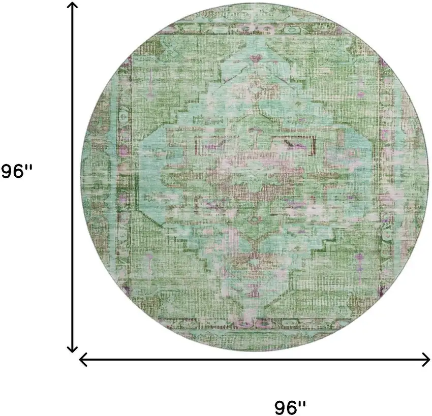 8' Artichoke Green Lavender And Teal Oriental Washable Round Rug With UV Protection Photo 9