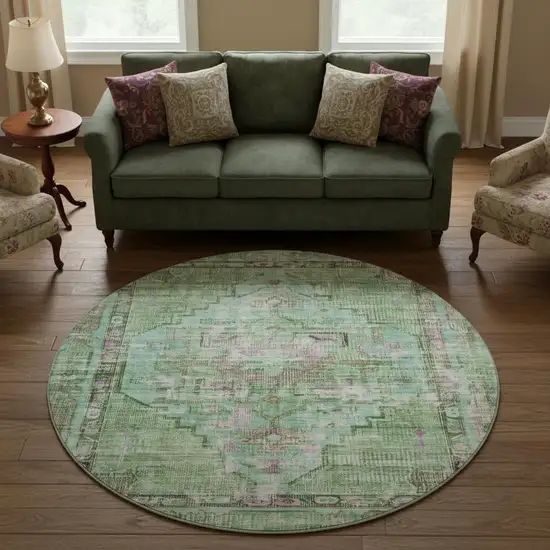 8' Artichoke Green Lavender And Teal Oriental Washable Round Rug With UV Protection Photo 2