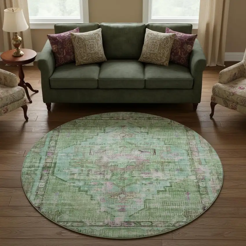 8' Artichoke Green Lavender And Teal Oriental Washable Round Rug With UV Protection Photo 2