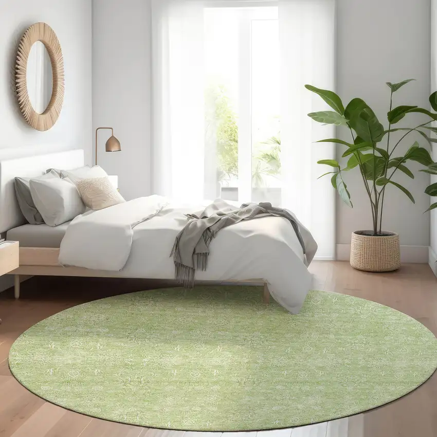 8' Artichoke Green Mint Green And Ivory Round Floral Washable Indoor Outdoor Area Rug Photo 6
