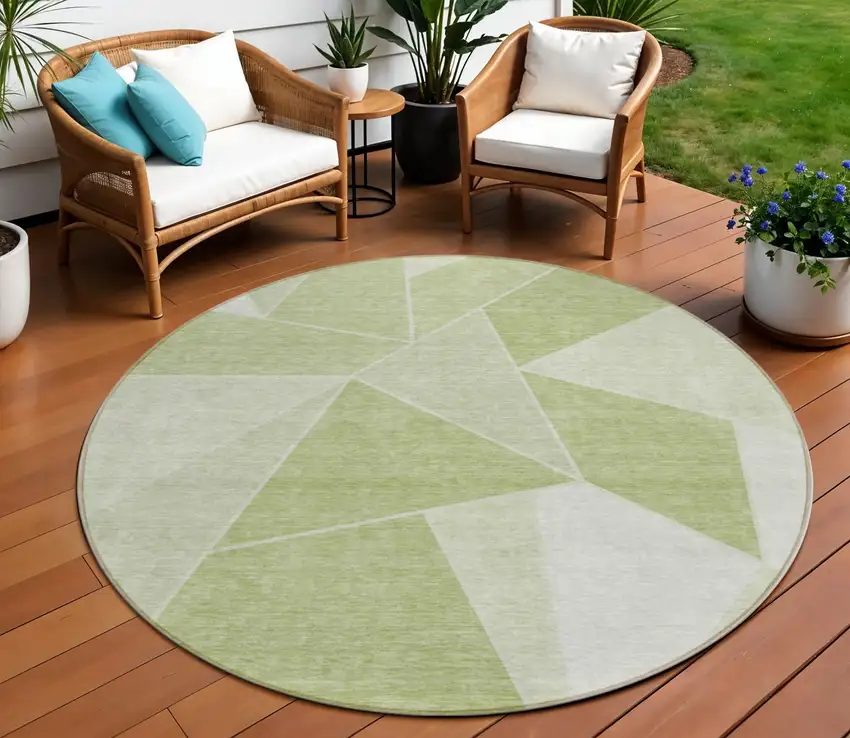 8' Artichoke Green Mint Green And Sage Round Geometric Washable Indoor Outdoor Area Rug Photo 1