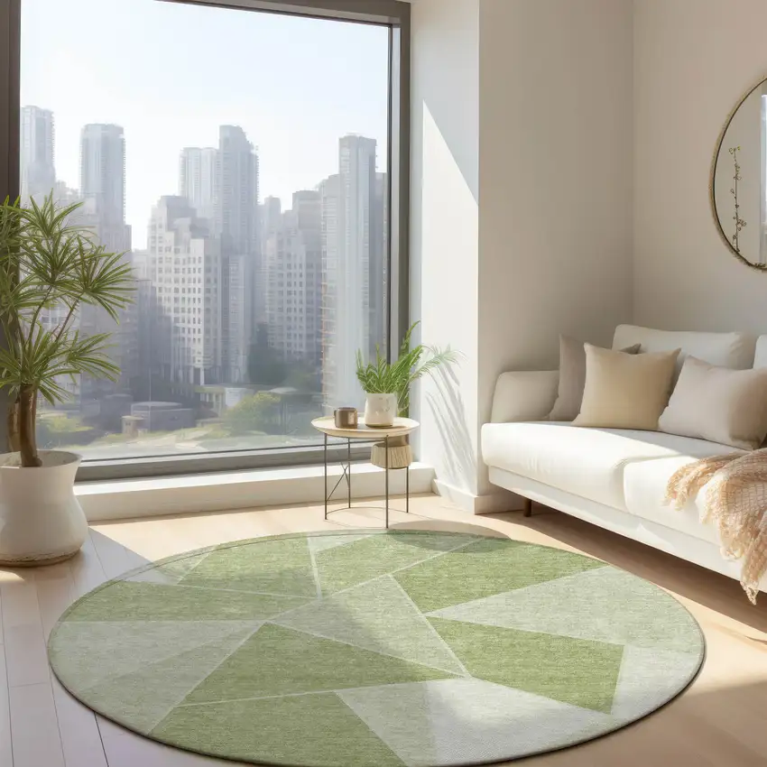 8' Artichoke Green Mint Green And Sage Round Geometric Washable Indoor Outdoor Area Rug Photo 7