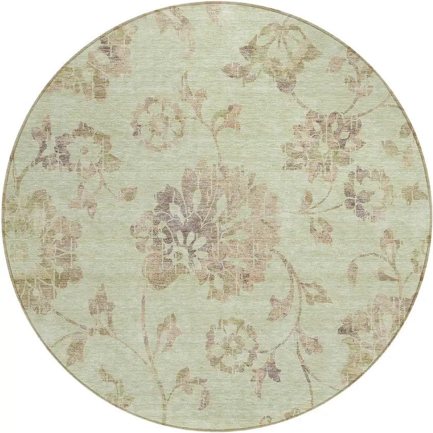 8' Artichoke Green Mint Green And Taupe Round Floral Washable Indoor Outdoor Area Rug Photo 2