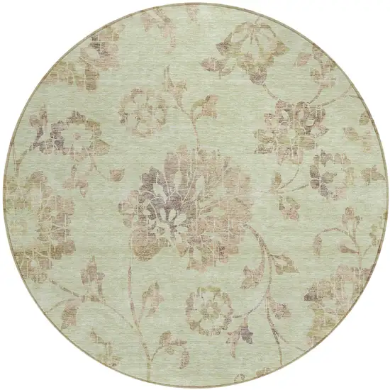 8' Artichoke Green Mint Green And Taupe Round Floral Washable Indoor Outdoor Area Rug Photo 2