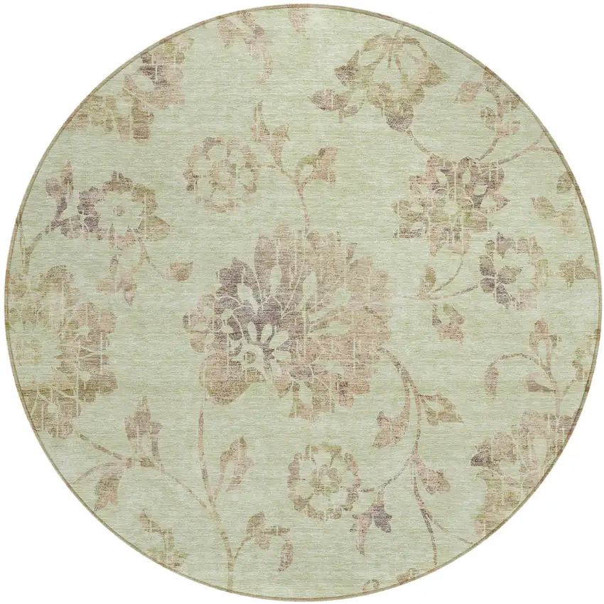 8' Artichoke Green Mint Green And Taupe Round Floral Washable Indoor Outdoor Area Rug Photo 2