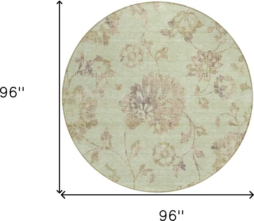 8' Artichoke Green Mint Green And Taupe Round Floral Washable Indoor Outdoor Area Rug Photo 3